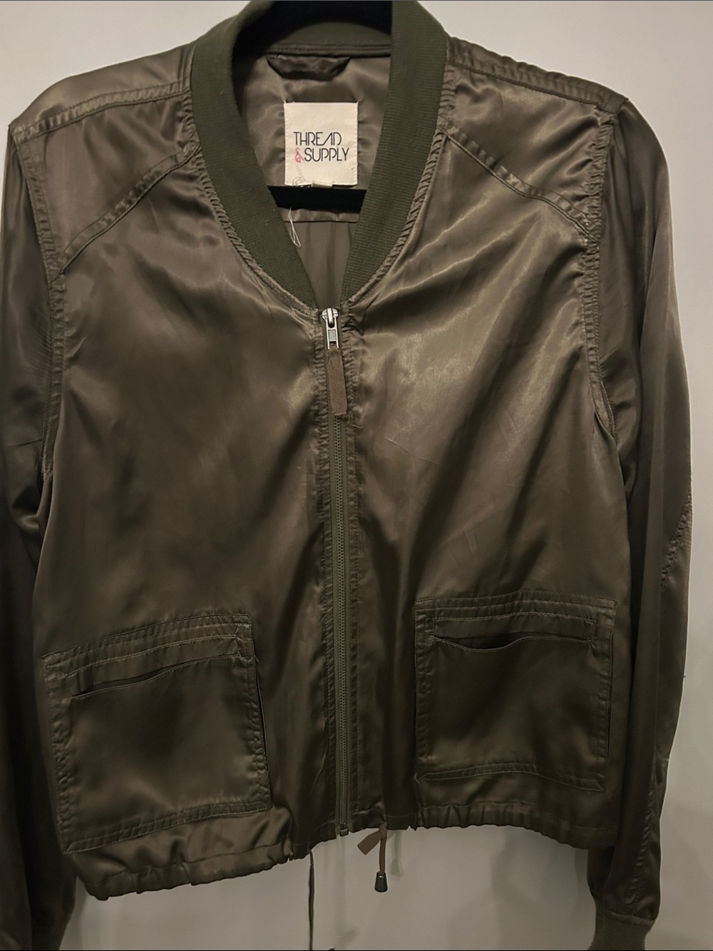 Satin Thread & Supply Olive Bomber Jacket with Front Pockets